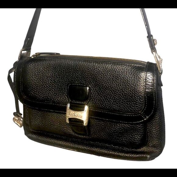 Stylish Small Black Leather Brighton Shoulder Bag with Patent Trim. NWOT - Picture 1 of 12